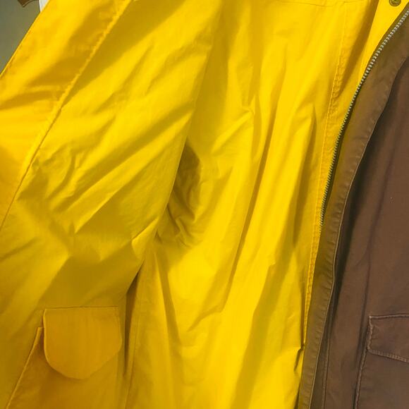 Marlboro Vintage Reversible Long Raincoat Brown Yellow Pockets Zip Closure Sz M - Picture 9 of 14